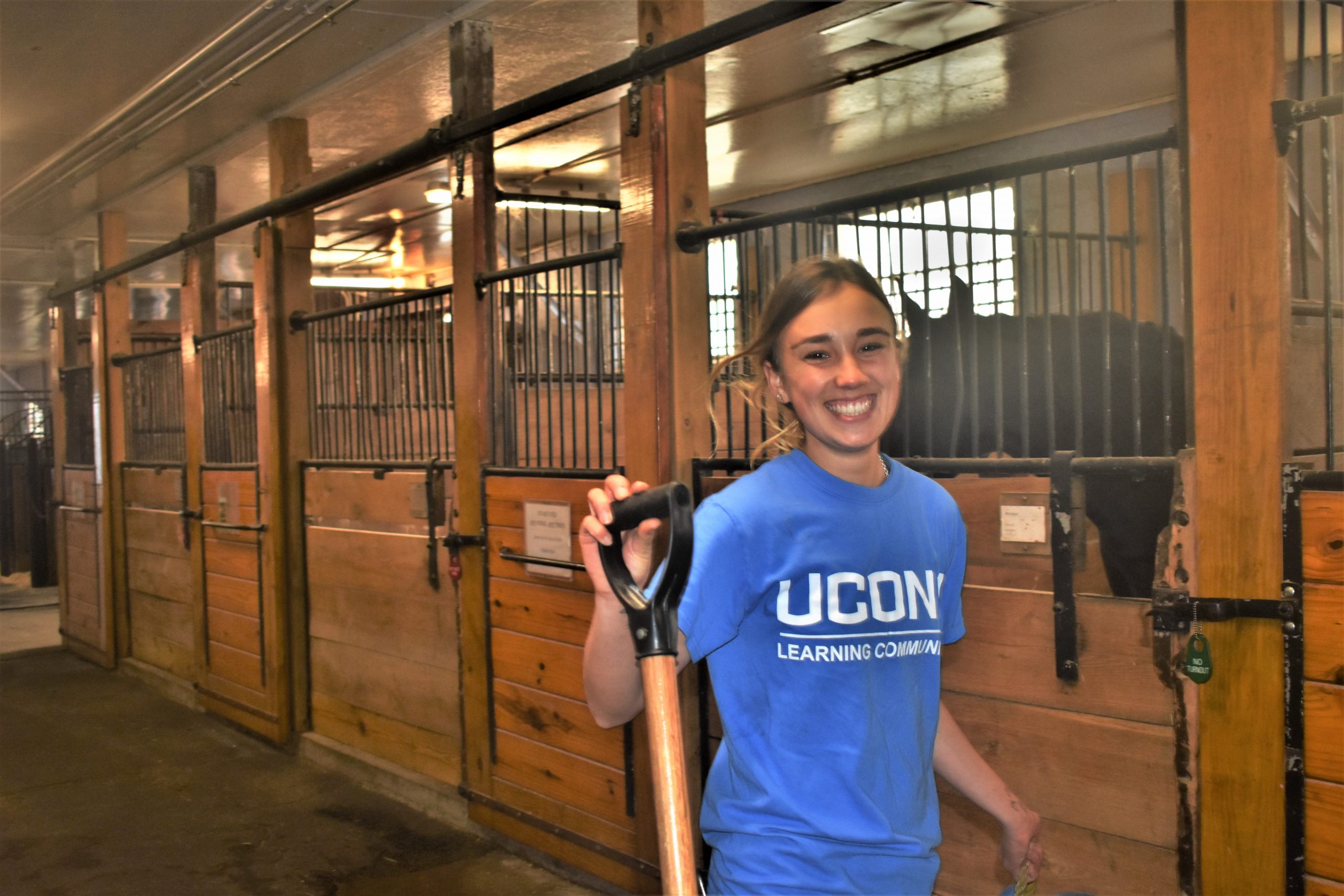 a smiling girls in the horse stables